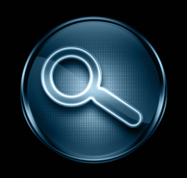 search and magnifier icon dark blue, isolated on black background.